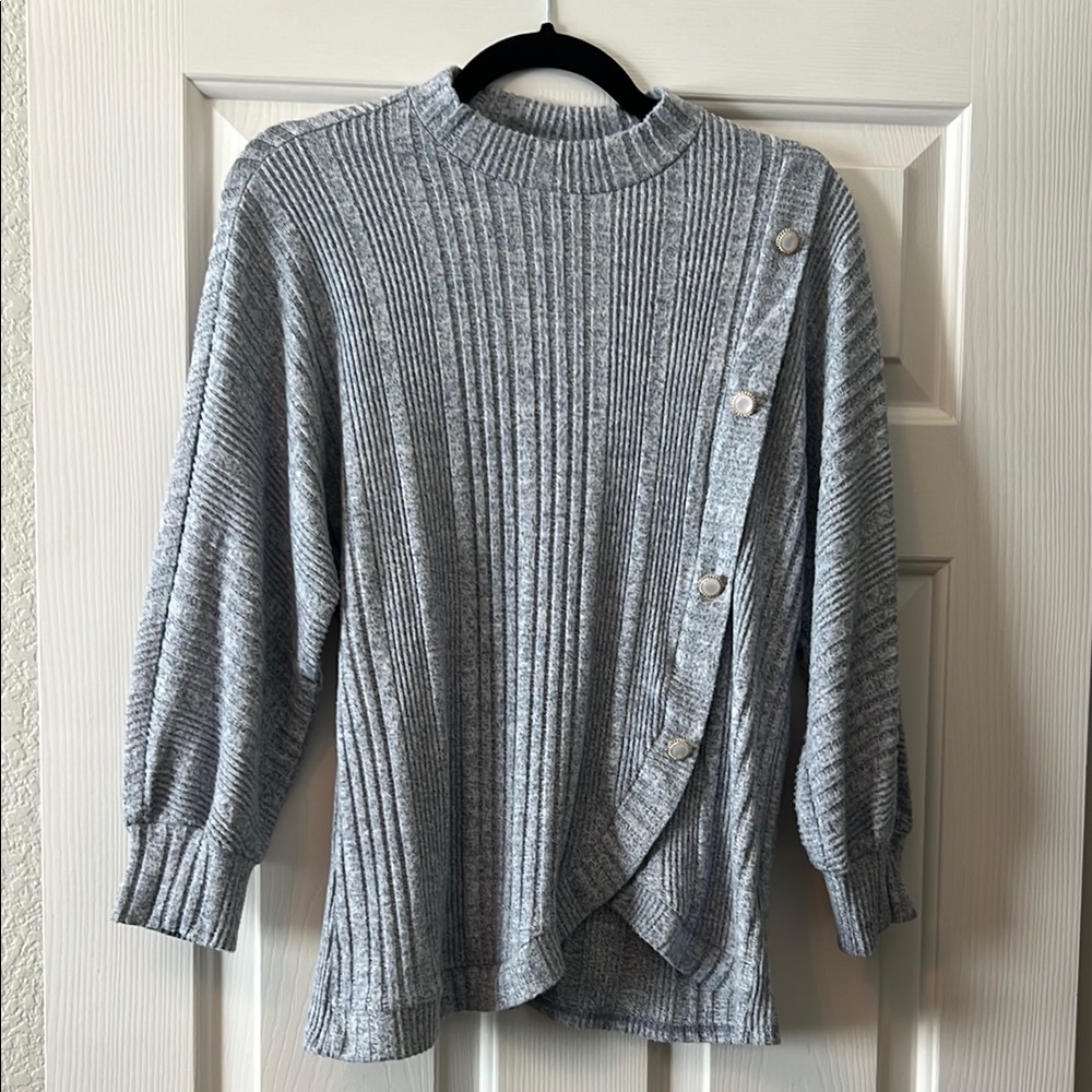 Gray Ribbed Sweater with Button Detail